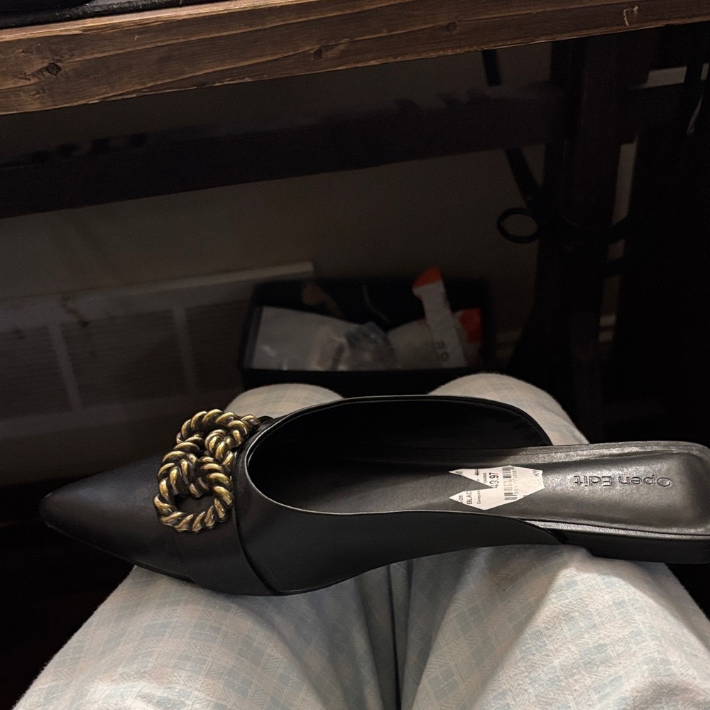 Open Edit Black Mules with Gold Detail